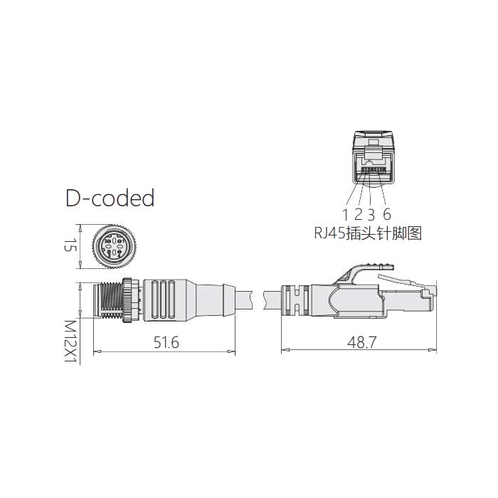 M12 4Pin D-coded、公頭直型轉(zhuǎn)RJ45公頭直型、雙端預(yù)鑄PUR柔性電纜、帶屏蔽、黃色護(hù)套、0C4142-XXX